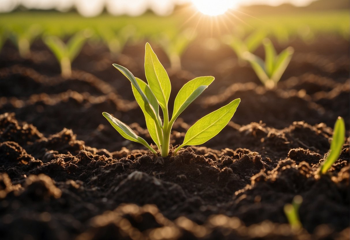 A field of various seeds planted in fertile soil, with sunlight shining down and roots beginning to sprout, representing biblical verses about the significance of seeds
