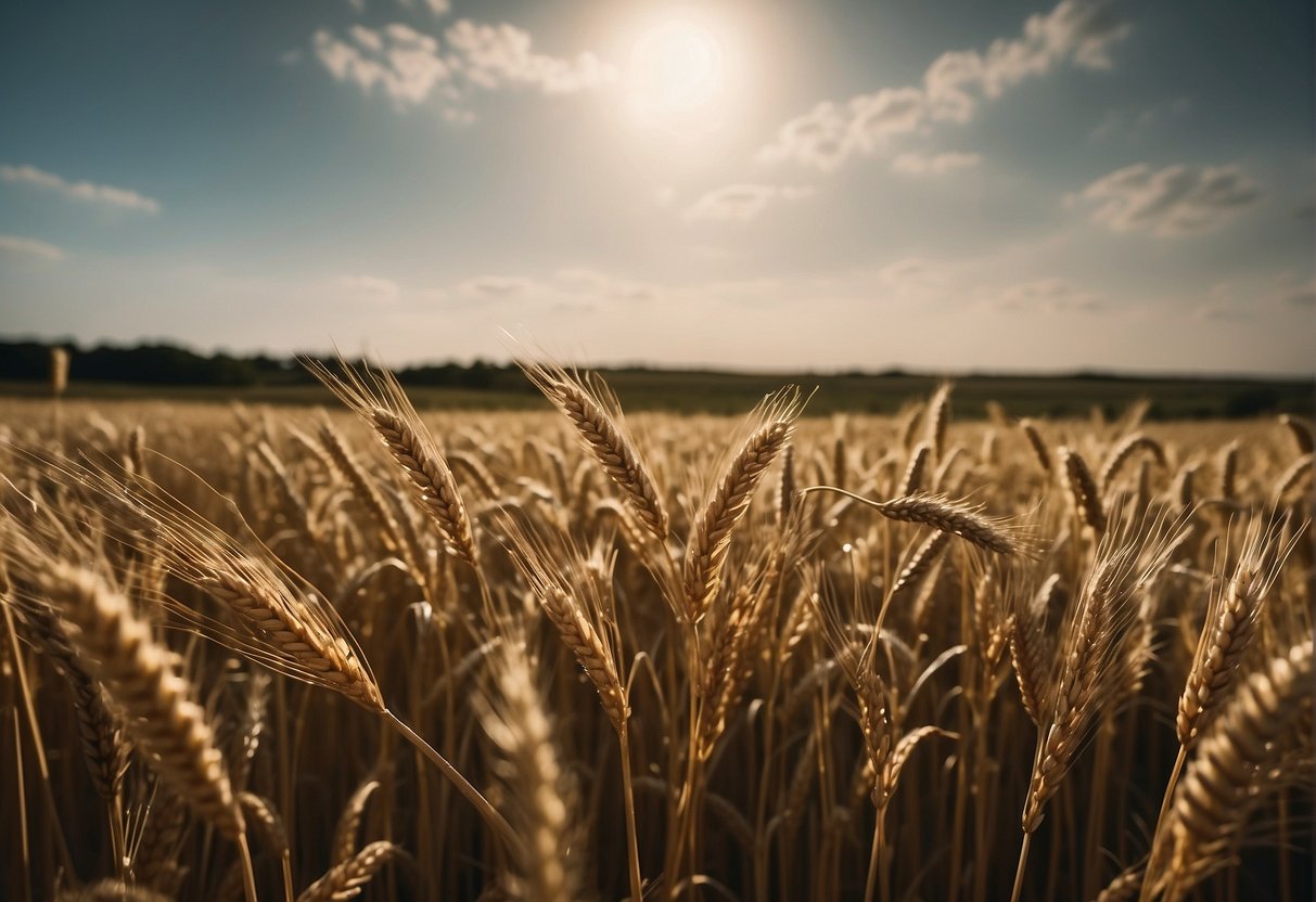A field of ripe wheat, with scattered seeds and a harvest of plentiful fruit, surrounded by biblical verses on sowing and reaping