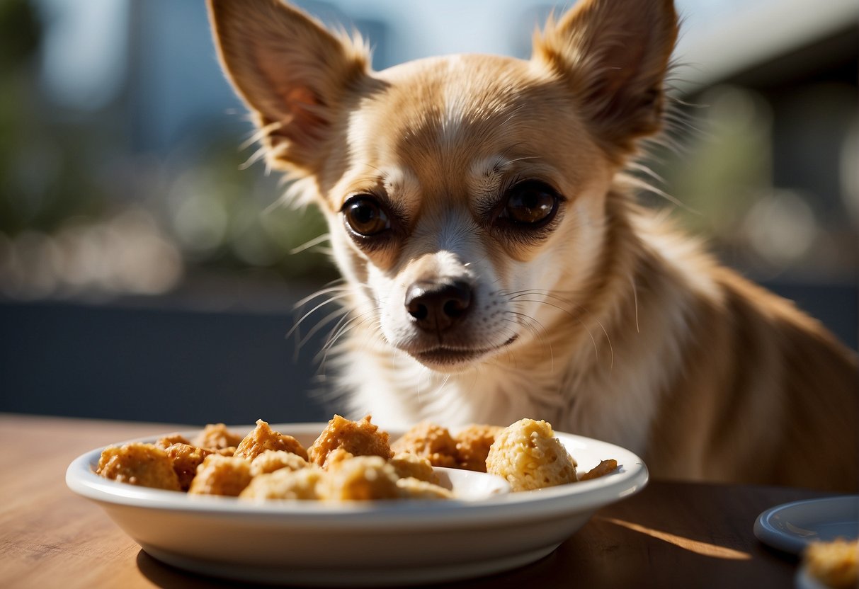 A chihuahua eats a small portion of food from a bowl, with a water dish nearby