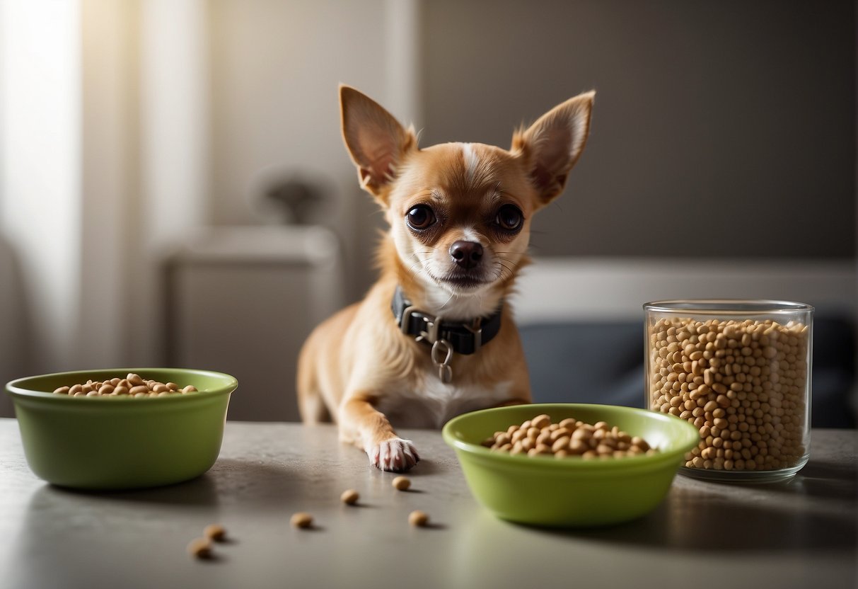 A Chihuahua eating from a small bowl of dog food, with a water dish nearby. A measuring cup and bag of dog food sit next to the bowl