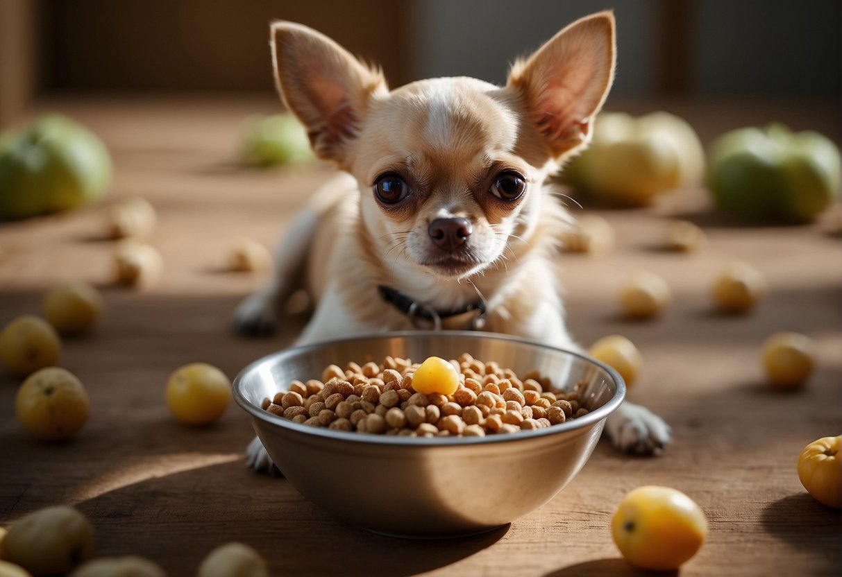 A chihuahua eating from a small bowl of kibble, with a water dish nearby. A portion of vegetables and a small amount of meat are also present