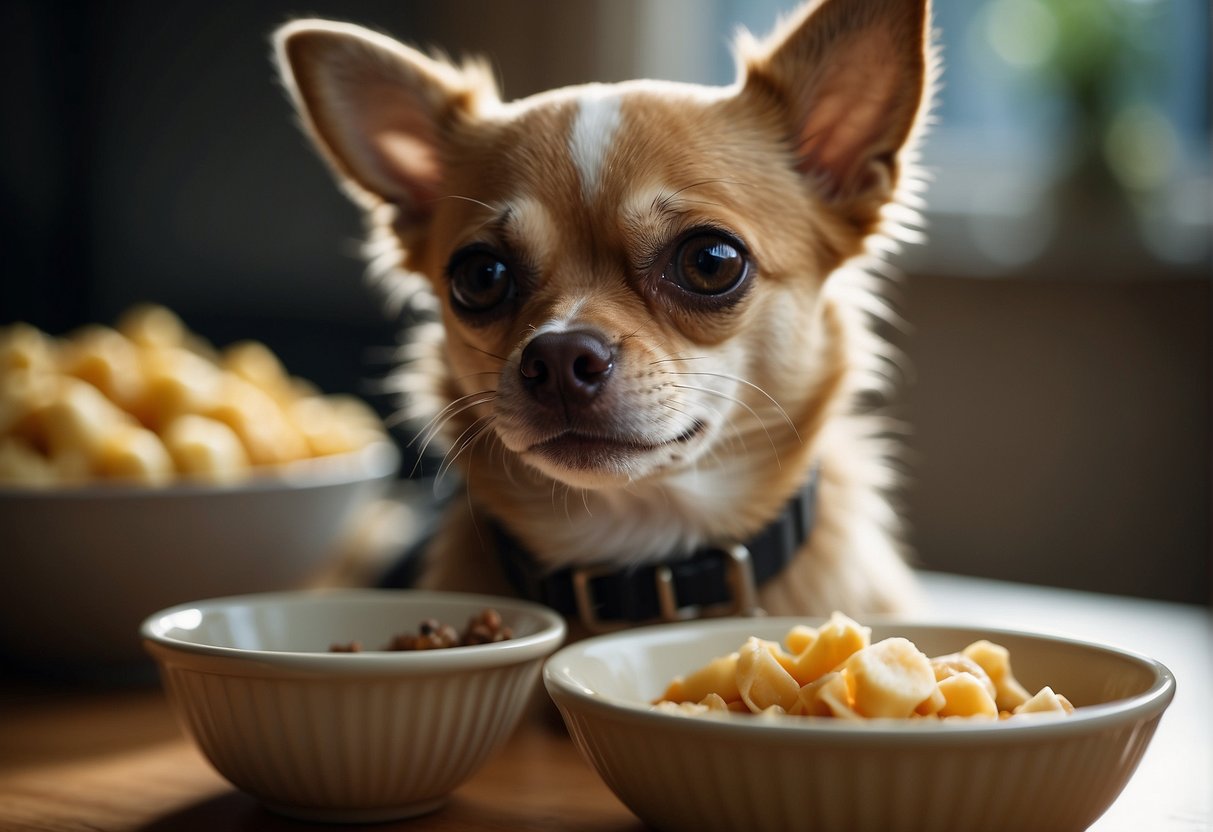 A chihuahua eating a small portion of food in a bowl, with a curious expression and a wagging tail