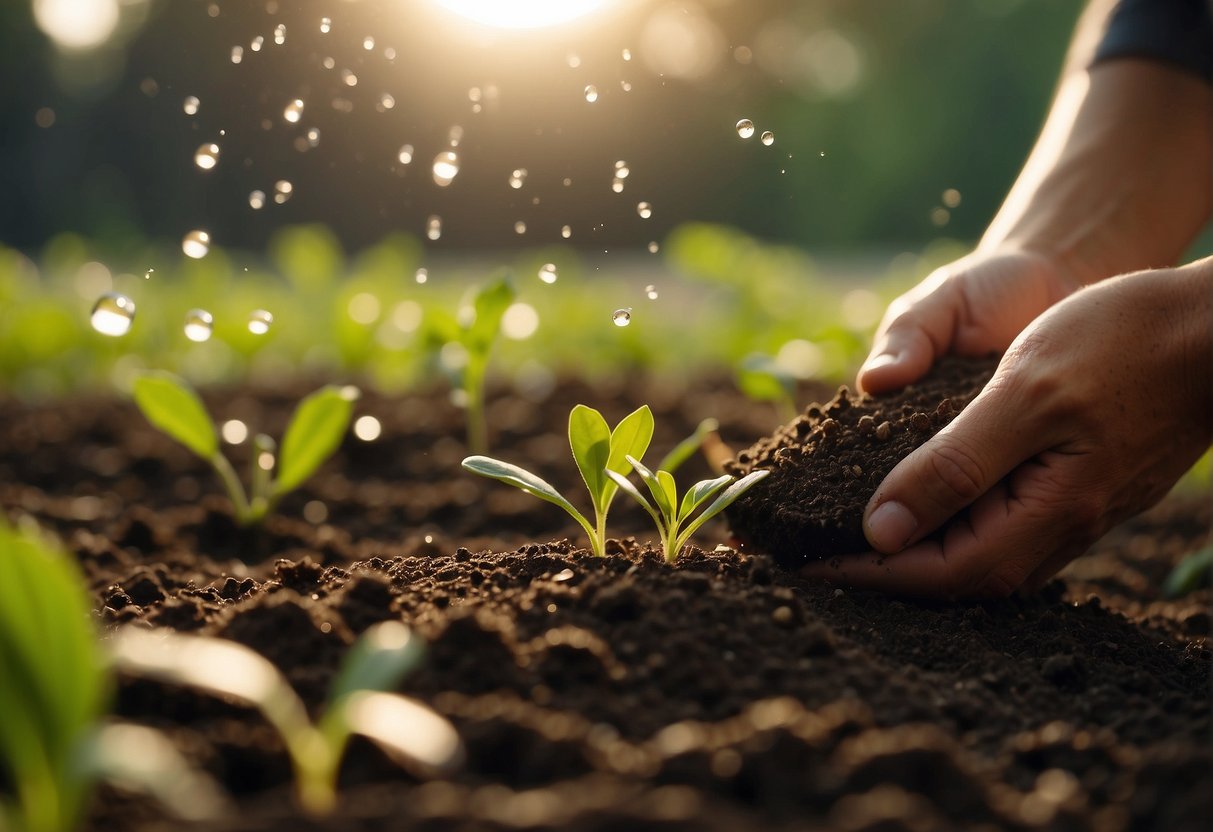 Seeds being sown into fertile soil, with rays of sunlight shining down and water droplets glistening on the surface