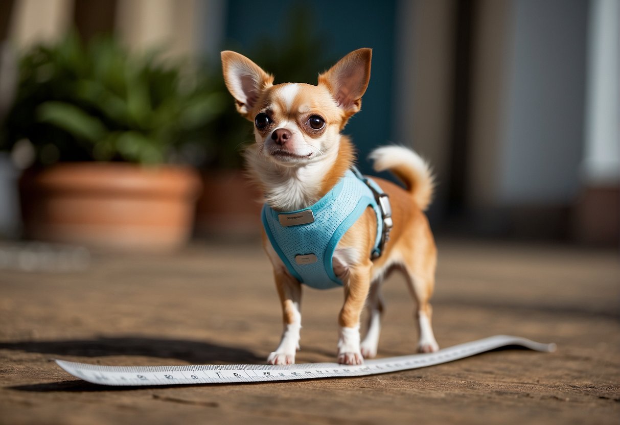 A chihuahua standing next to a ruler, measuring its height as it stands on its hind legs