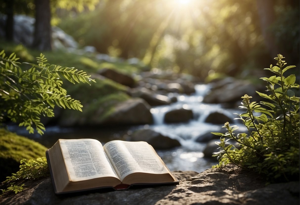 A peaceful garden with two trees and a flowing stream, with a Bible open to verses about conflict resolution resting on a stone