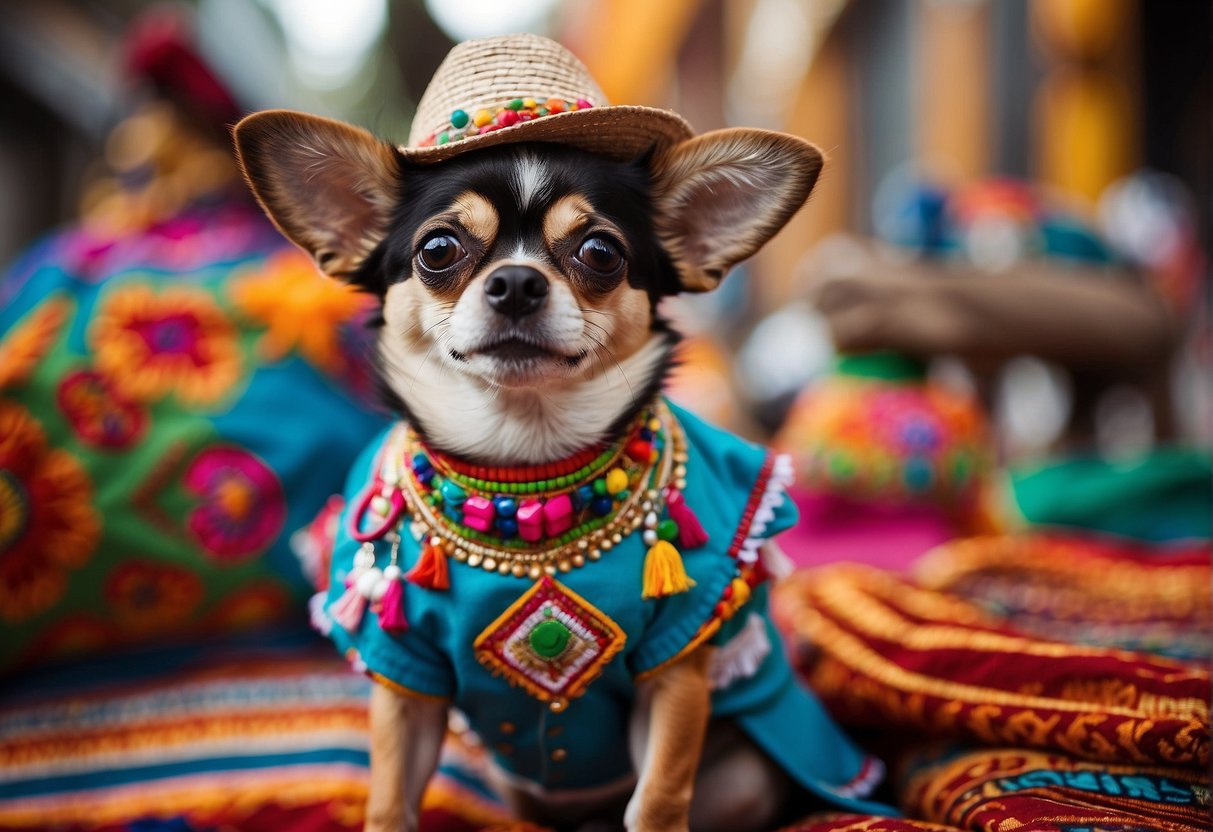 A Chihuahua dog surrounded by traditional Mexican cultural symbols and social elements, such as mariachi instruments, colorful textiles, and vibrant street scenes