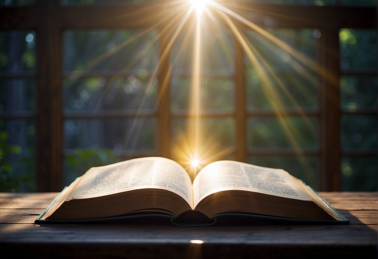A peaceful scene with open book and rays of light, symbolizing guidance and resolution