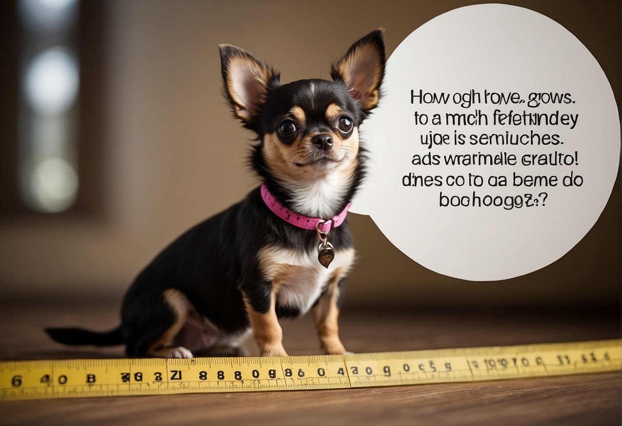 A small chihuahua sits next to a ruler, measuring its height. A speech bubble above it reads "How much does a chihuahua grow?"