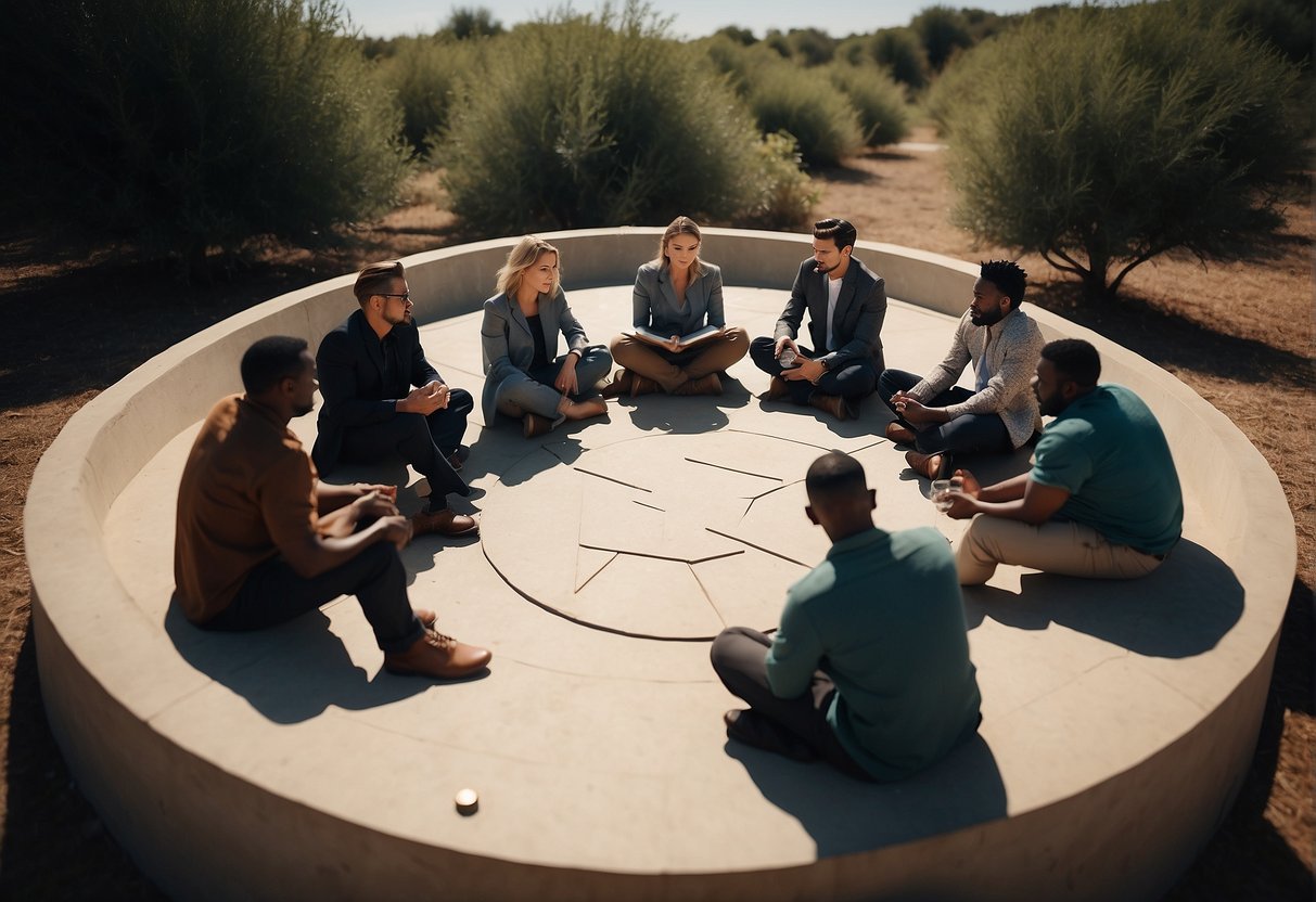 A group of people sitting in a circle, calmly discussing and resolving conflicts using biblical verses as guidance
