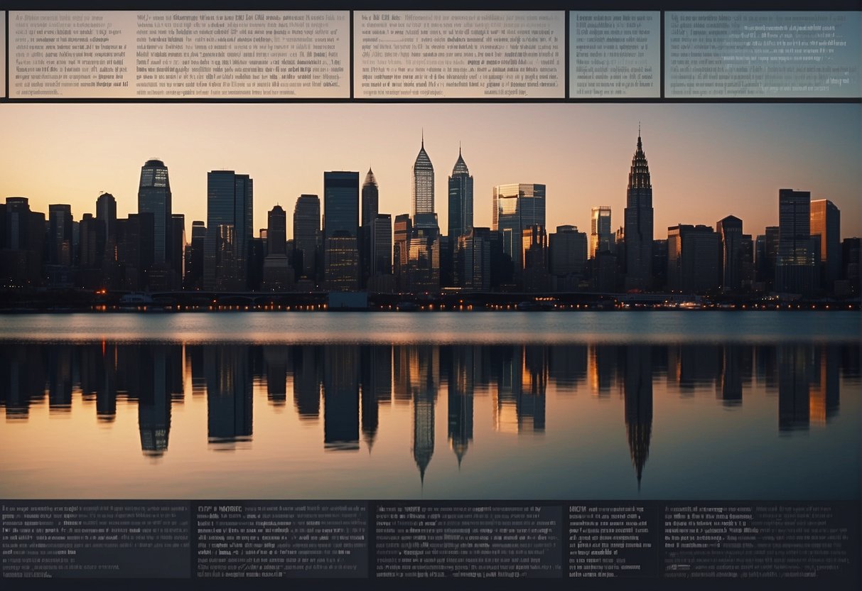 A modern city skyline reflecting on calm waters, with open Bible pages displaying conflict resolution verses