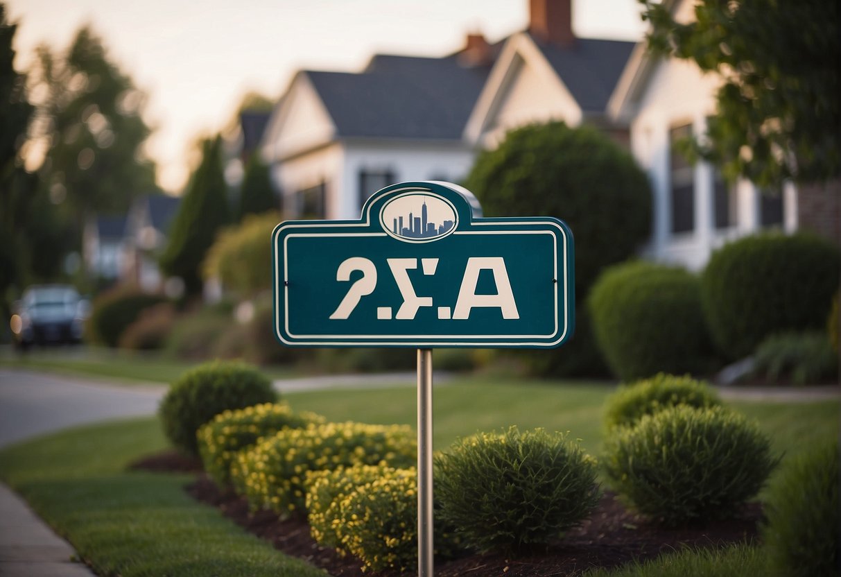 A real estate sign with "PA" prominently displayed, surrounded by houses and a skyline in the background