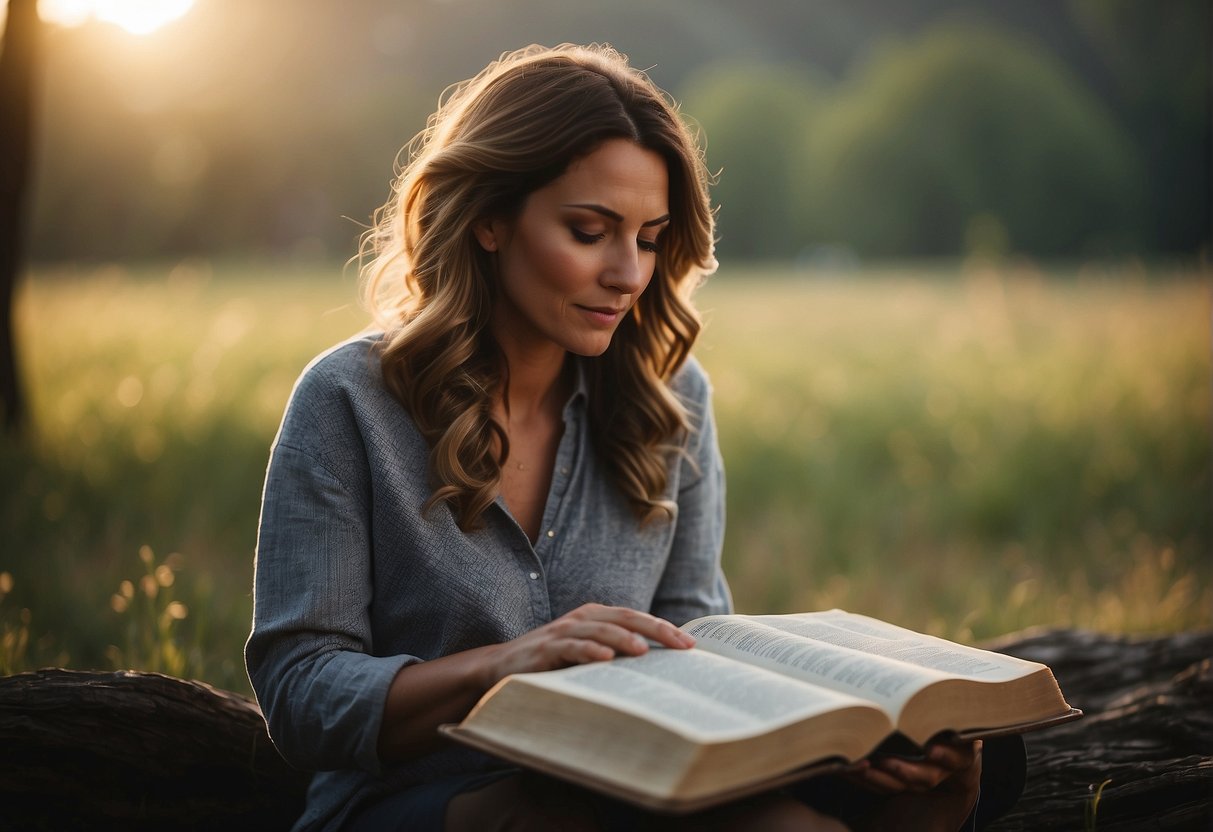 A serene woman reads a Bible, surrounded by soft light and a peaceful atmosphere, reflecting on verses about a wife's duties and spiritual emphasis