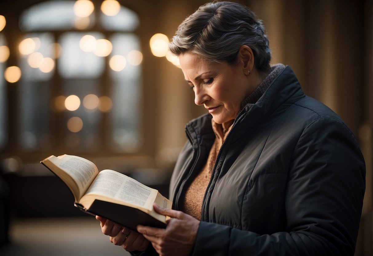 A woman stands beside her husband, supporting him through difficult times. A Bible lies open, highlighting verses about the wife's duties in marriage