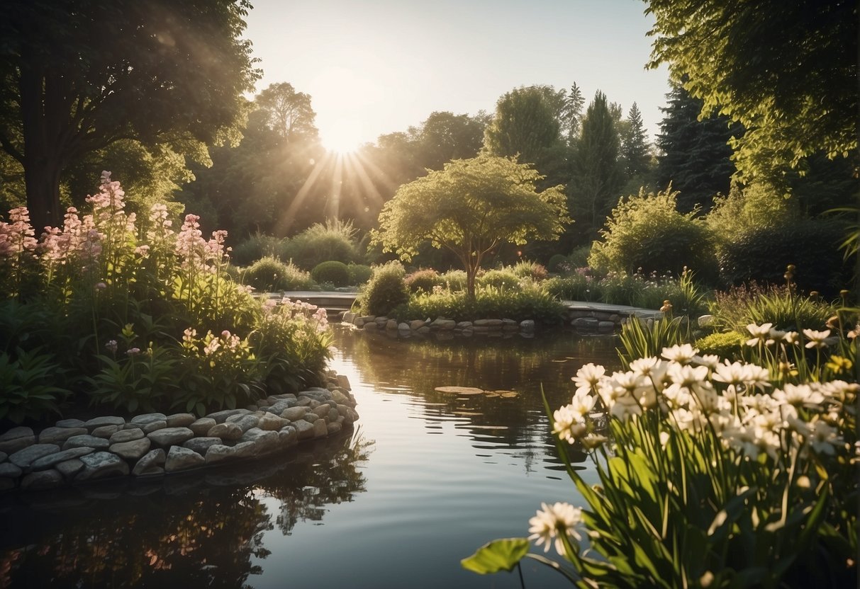 A peaceful garden with blooming flowers and a serene pond, surrounded by lush greenery and sunlight filtering through the trees