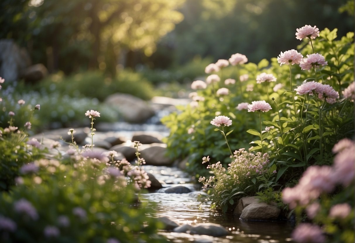 A serene garden with blooming flowers and a peaceful stream, surrounded by scripture verses about contentment from the Bible