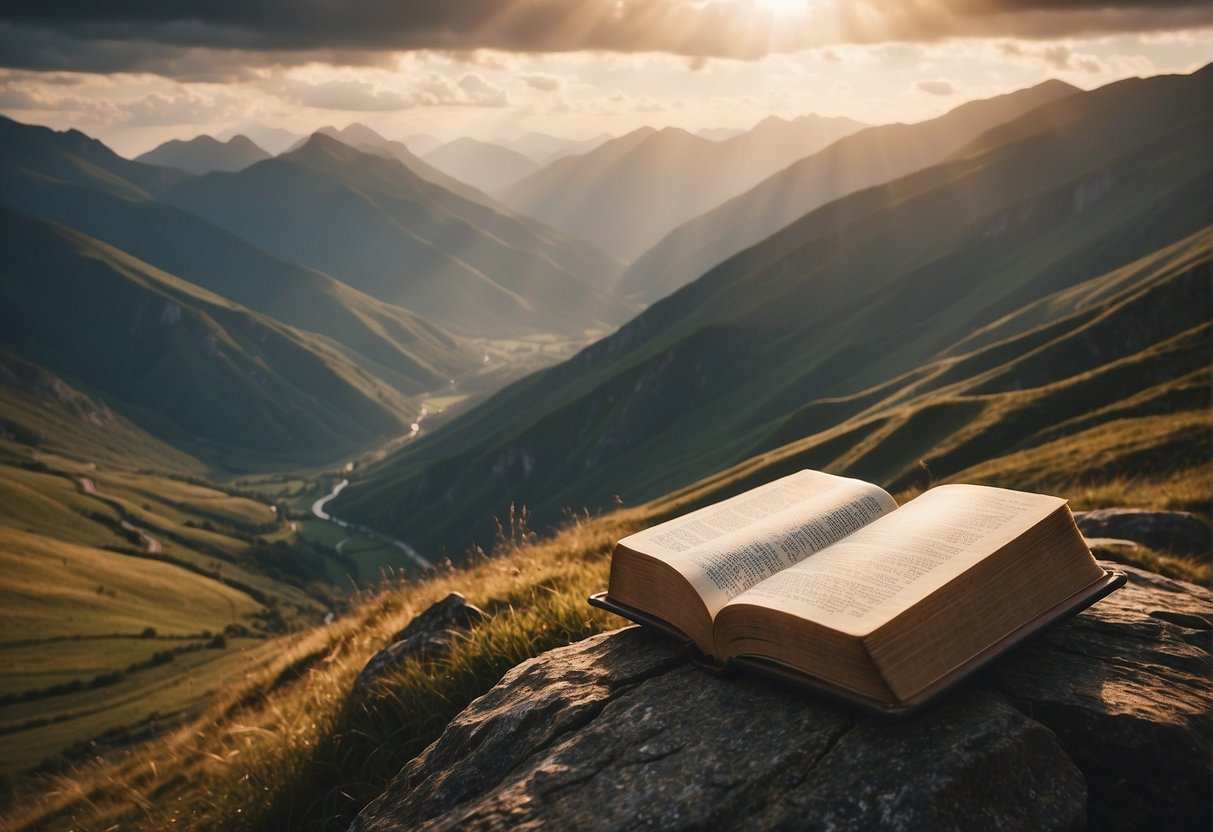 A serene landscape with a winding path leading through a valley, surrounded by towering mountains. A beam of light breaks through the clouds, illuminating a bible open to verses about contentment