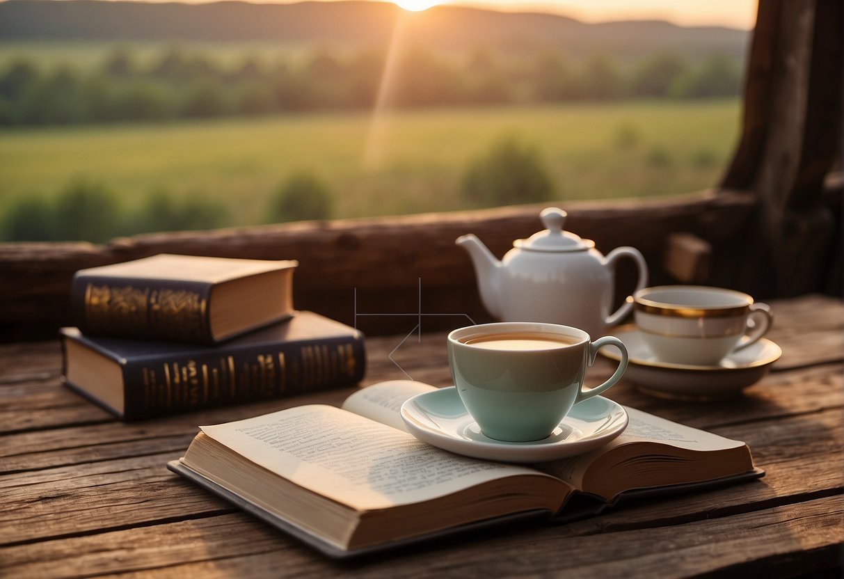 A serene countryside with a peaceful sunset, a cozy home, and a warm cup of tea. A stack of books with "Practical Verses for Everyday Contentment" is placed on a rustic wooden table