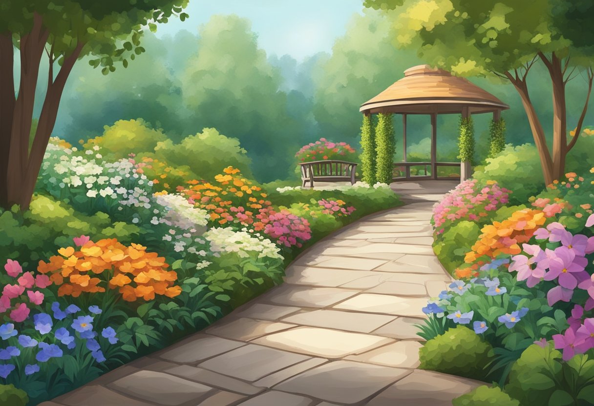 Um jardim sereno com flores coloridas e vegetação exuberante, um caminho sinuoso que leva a uma área de estar tranquila e uma brisa suave farfalhando as folhas