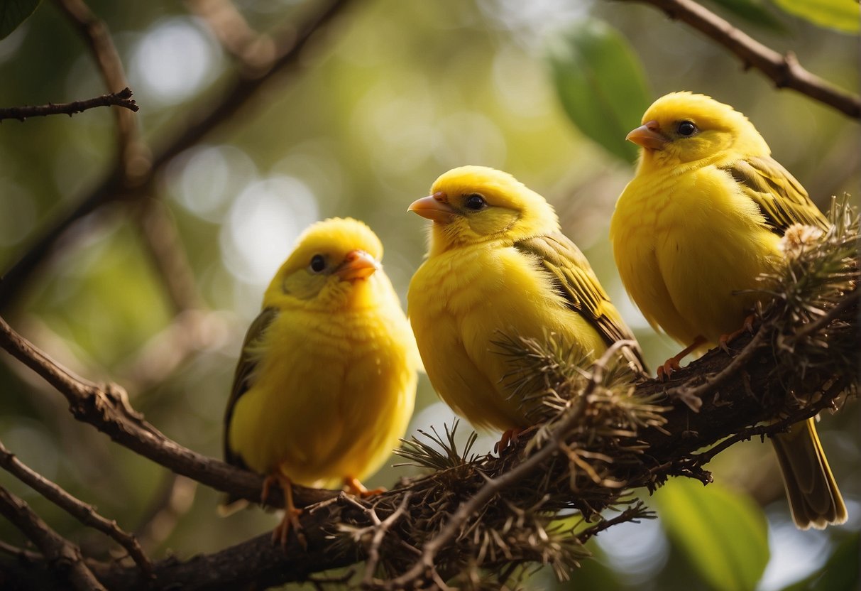 Canaries perched on nests, surrounded by twigs and feathers. Sunlight filters through the branches, casting a warm glow on the scene