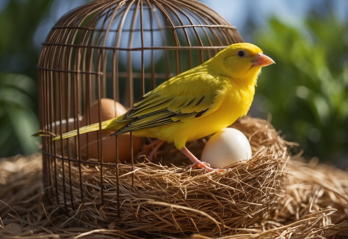 Canaries nesting in a cozy cage, surrounded by nesting materials and eggs. The male canary is feeding the female as they prepare for breeding season