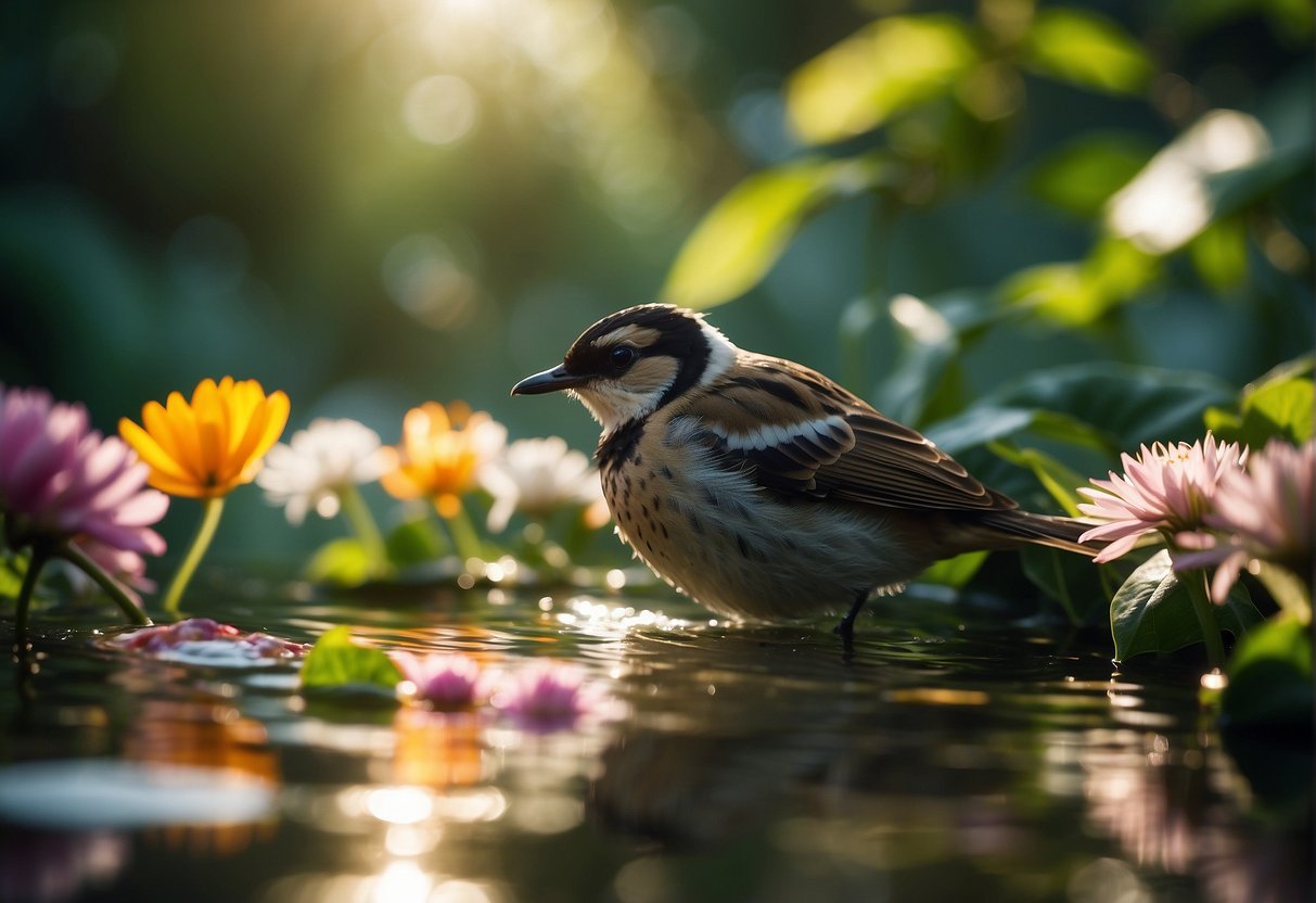 Birds being bathed in a shallow, clear pool of water, surrounded by lush green foliage and colorful flowers. Sunlight filtering through the trees, creating dappled patterns on the ground