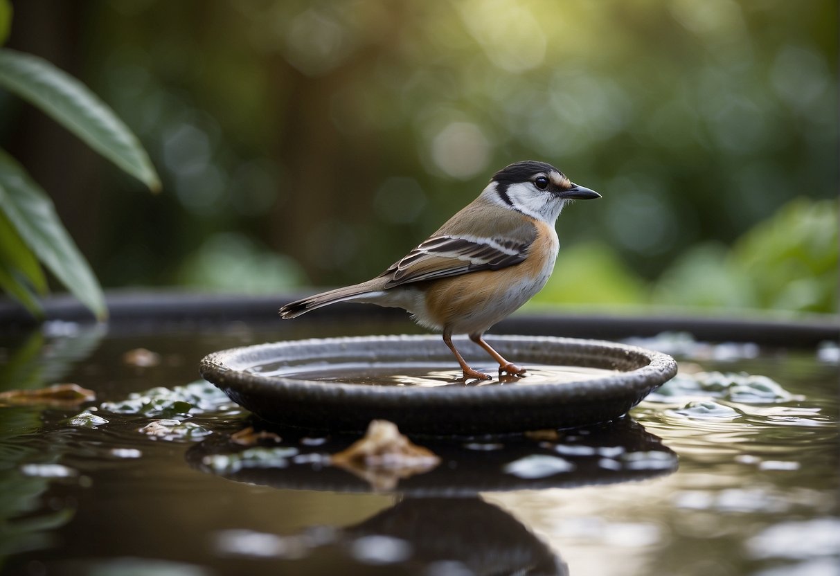 A bird perched on the edge of a shallow, leaf-filled birdbath, dipping its feathers into the water and shaking them out