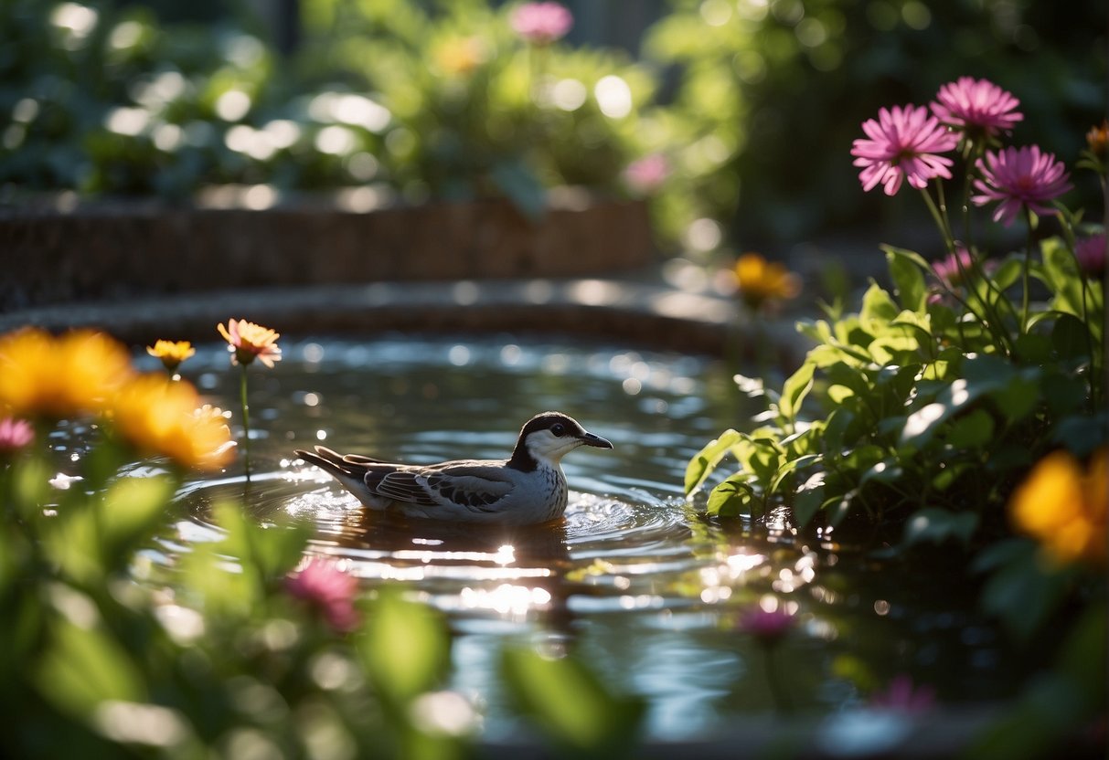 Birds being bathed in a shallow, leaf-filled pool, surrounded by lush greenery and colorful flowers. Sunlight filters through the trees, casting dappled shadows on the scene
