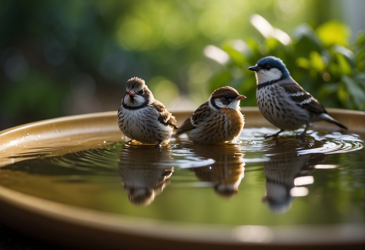 Birds being bathed in a shallow dish of water, surrounded by greenery and chirping happily