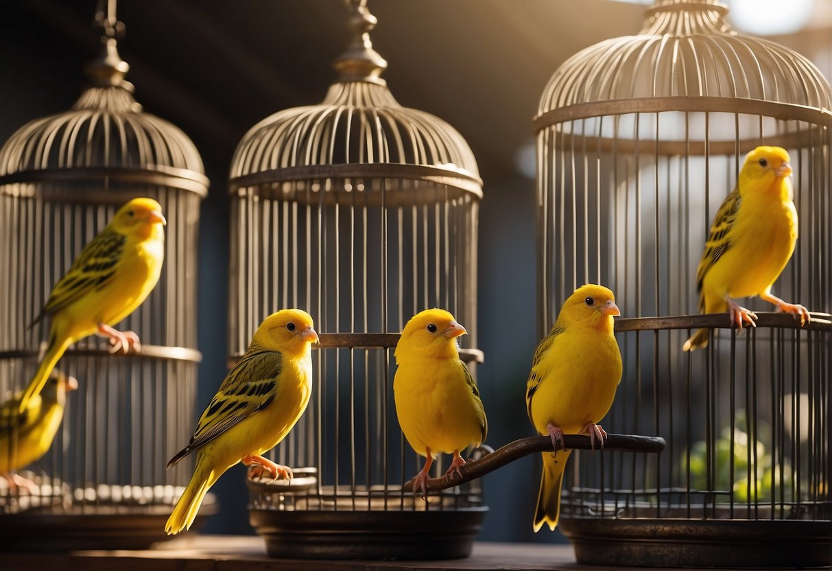 Several canaries perched in a large ornate cage. Sunlight streams in, casting shadows on the bars