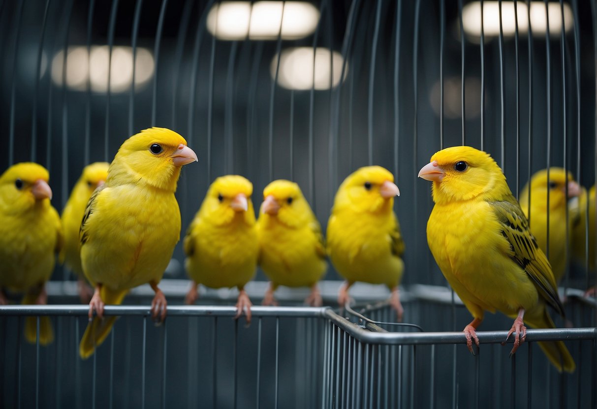 Several canaries are placed in a spacious, well-maintained cage with plenty of perches and feeding stations