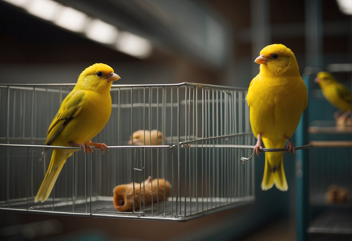 Multiple canaries perched in a spacious cage, with plenty of room to move and fly. Perches, food and water dispensers are visible