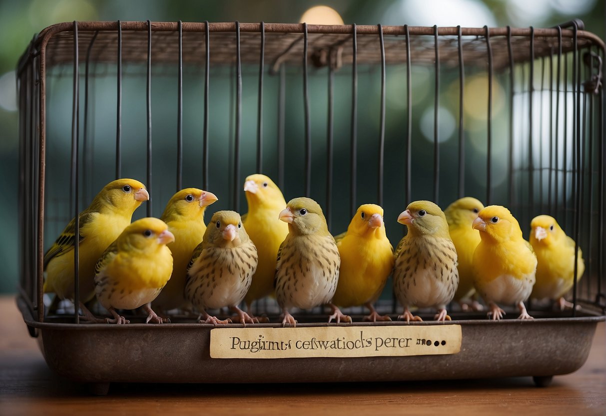 A cage with multiple canaries inside, with a sign that reads "Frequently Asked Questions ¿Cuántos canarios se pueden poner en una jaula?"