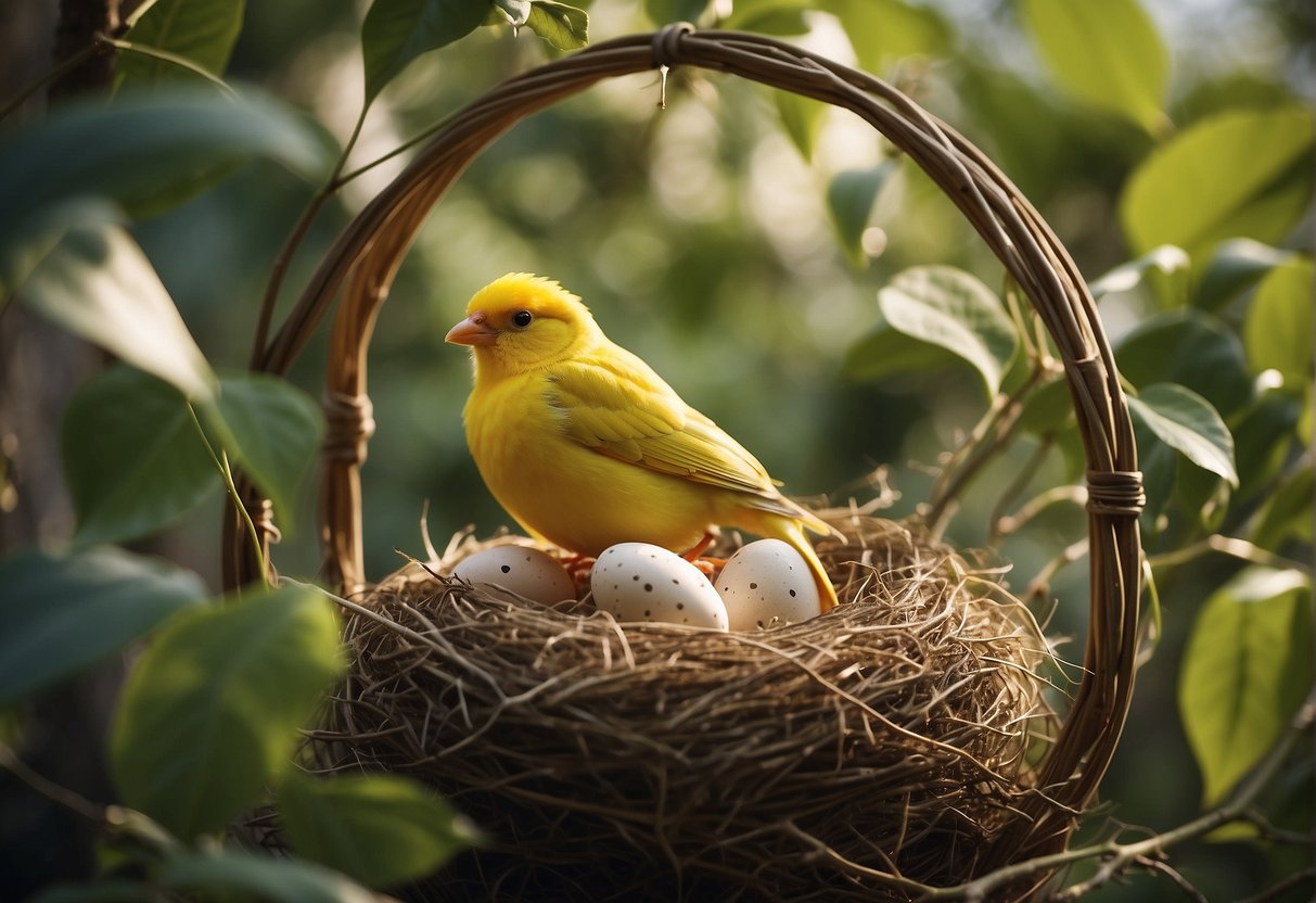 The canary begins laying eggs in a cozy nest, surrounded by twigs and leaves, in a bright and sunny corner of the cage