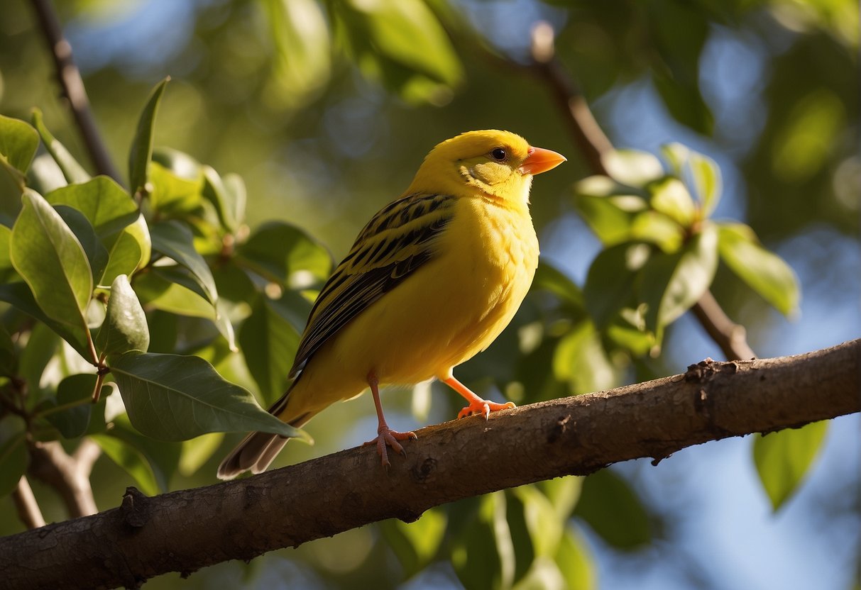 A canary perches on a branch, chirping. A nest sits nearby, filled with eggs. The sunlight filters through the leaves, casting a warm glow on the scene