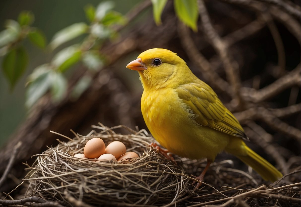 A canary sits on a nest, surrounded by a variety of nesting materials. The bird is busy laying eggs, while being carefully observed by a watchful owner