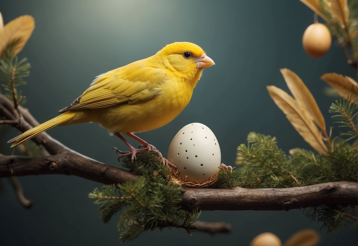 A canary perches on a branch, surrounded by a nest of twigs and feathers, while a small egg rests in the center