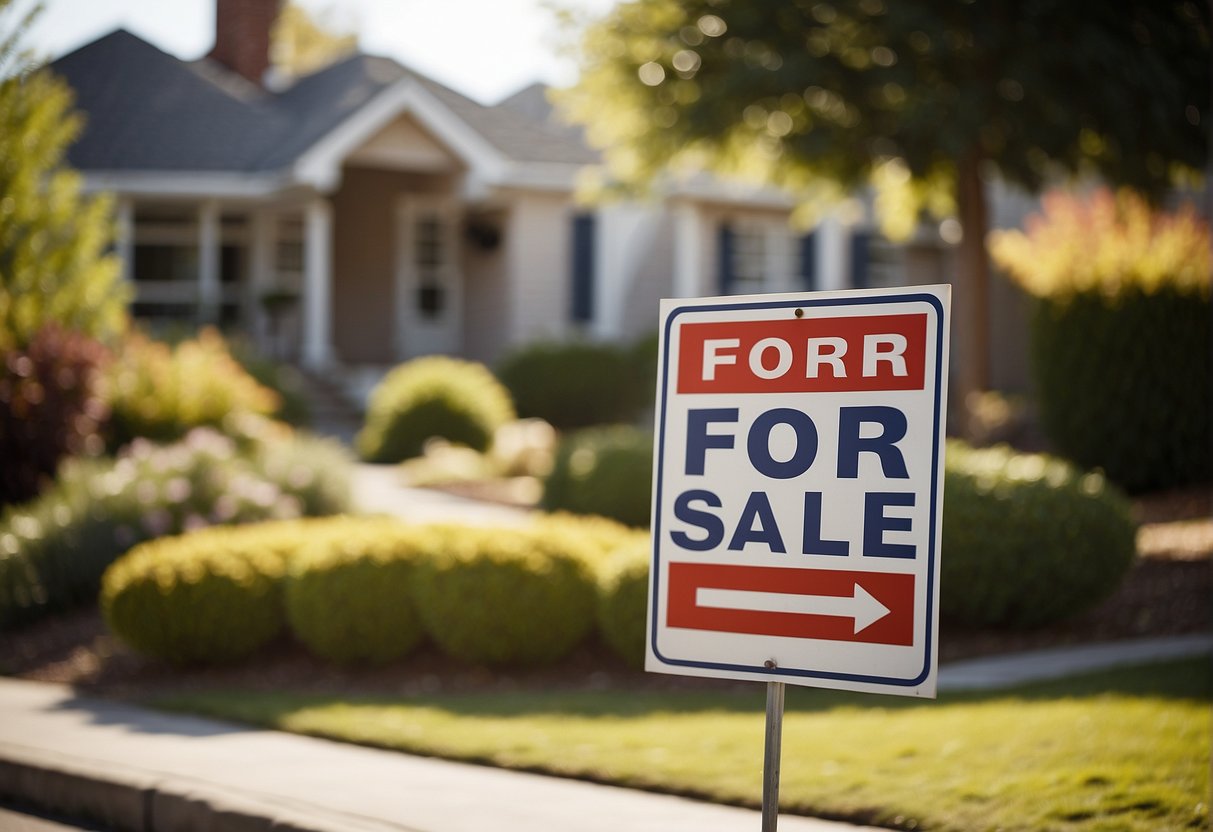 A parcel of land with a "For Sale" sign, surrounded by other properties and a street. A real estate agent's office in the background