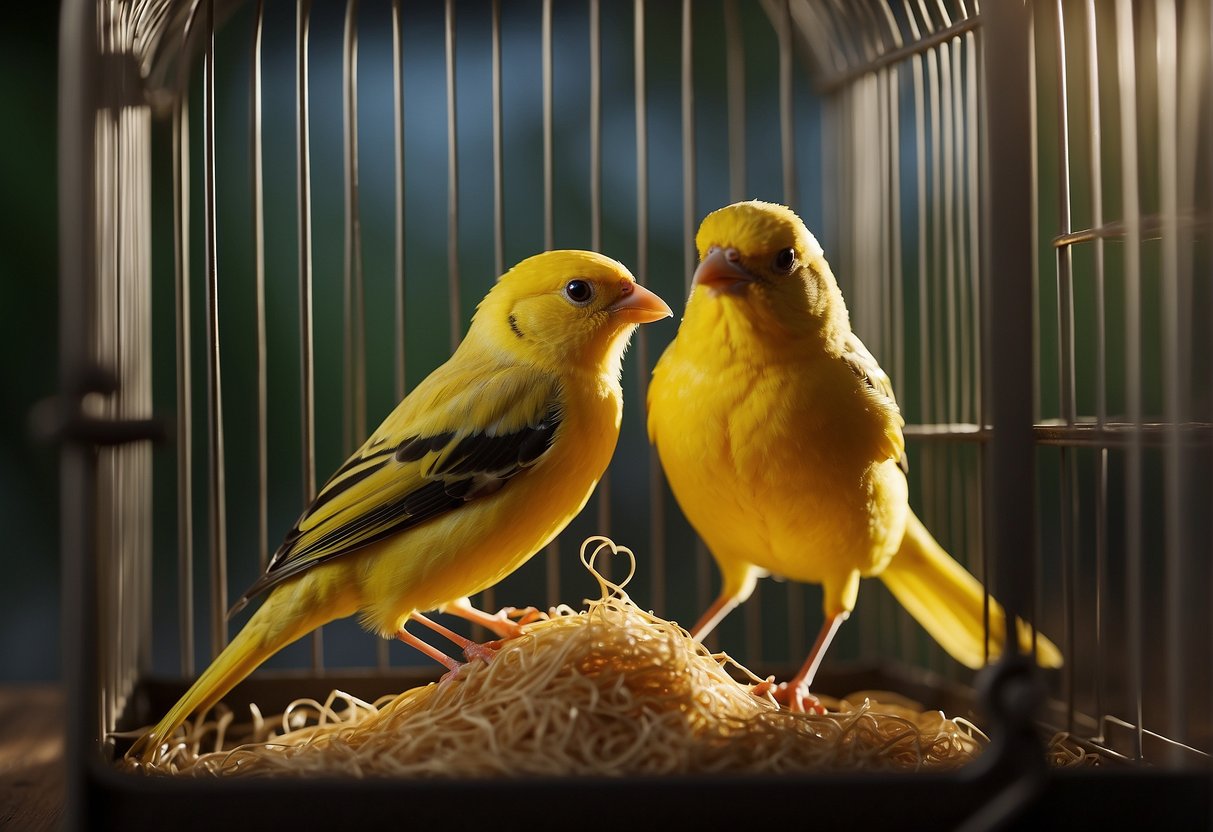 A male canary is being separated from a female canary in a birdcage