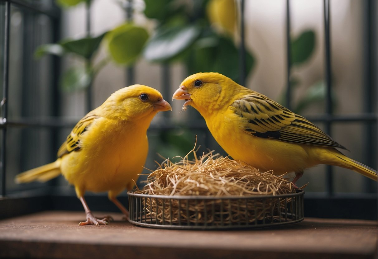 A male canary is being gently separated from the female in a spacious, well-lit cage. The female is nesting in a cozy corner, while the male is moved to a separate area