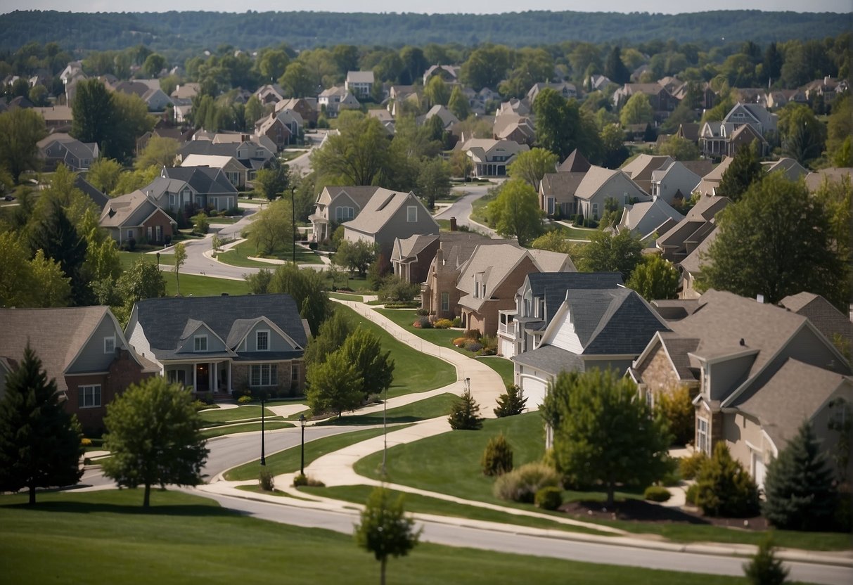 A suburban neighborhood with various types of buildings and land use, including residential homes, commercial properties, and open green spaces