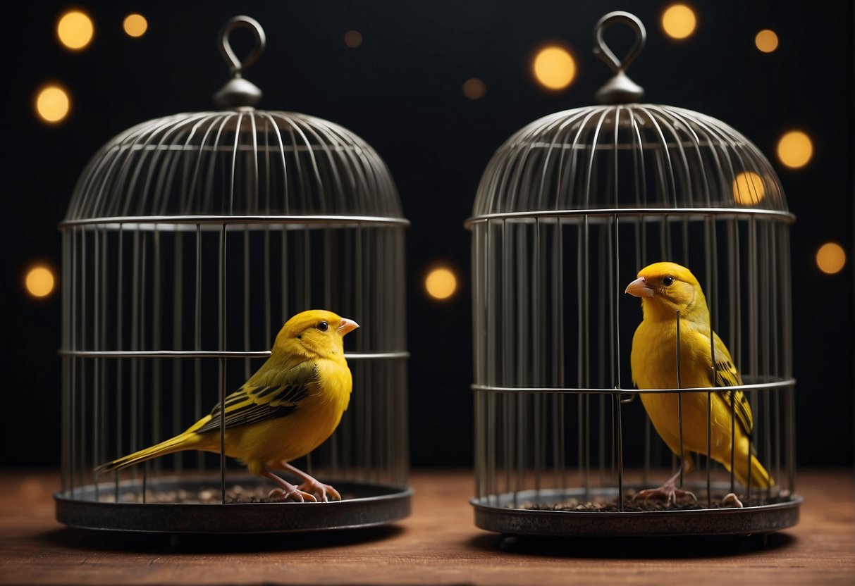A male and female canary in separate cages, with a question mark hovering above them