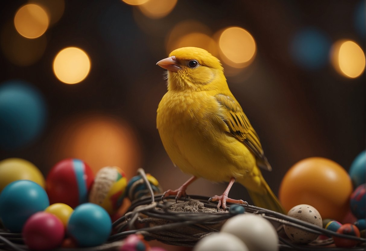 A canary sits on a perch in a cage, surrounded by colorful toys and singing happily