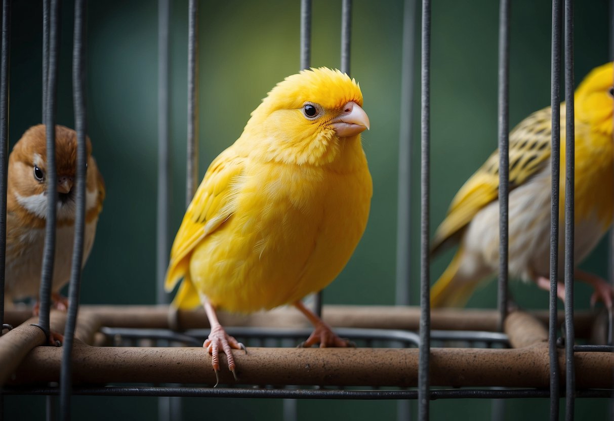 A canary sits in a cage, surrounded by perches, food and water dishes. The bird's bright yellow feathers stand out against the bars