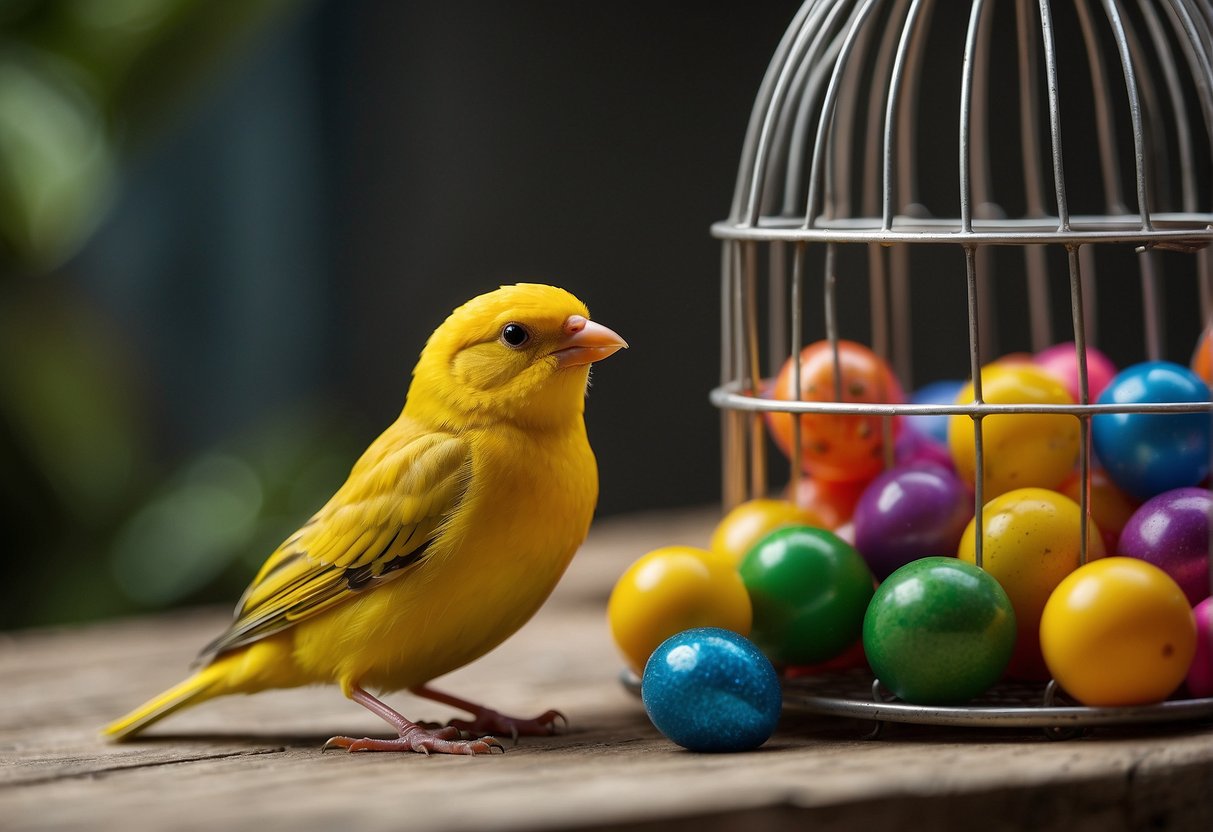 A bright yellow canary perches in a cage, surrounded by colorful toys. It chirps happily, with a life expectancy of 10-15 years