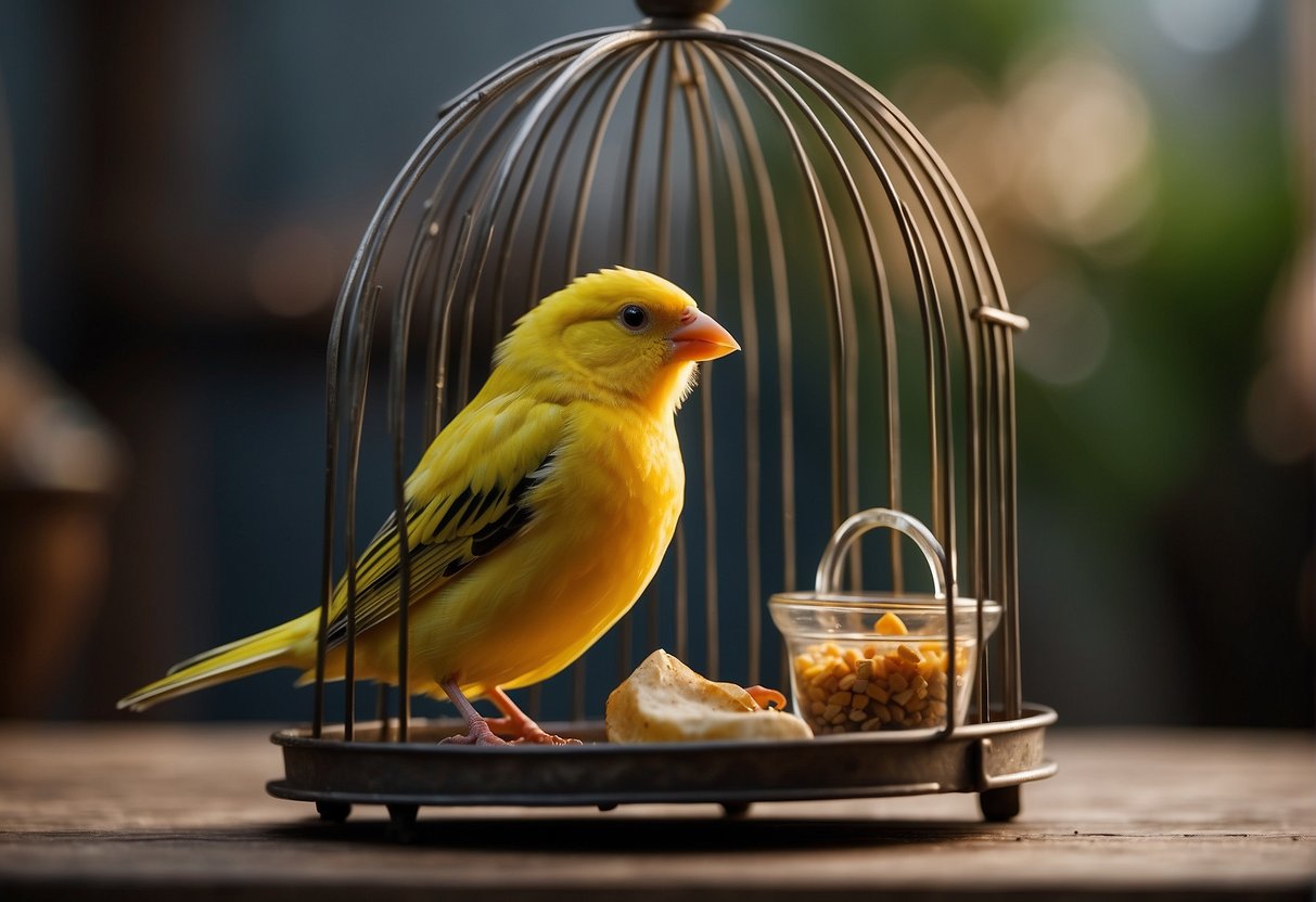 A canary in a cage with a perch, food and water dishes, and a small mirror