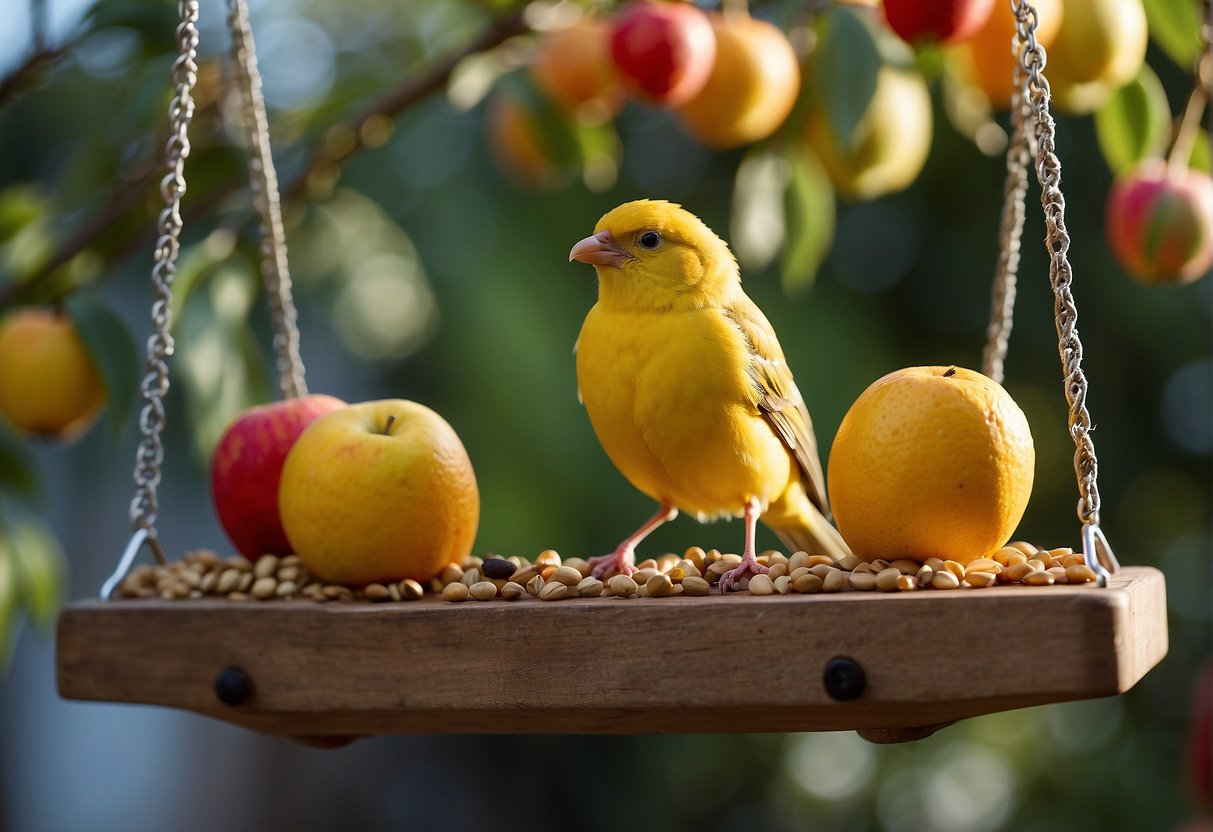 A canary perched on a wooden swing, surrounded by colorful fruits and seeds. A bird feeder filled with fresh water hangs nearby
