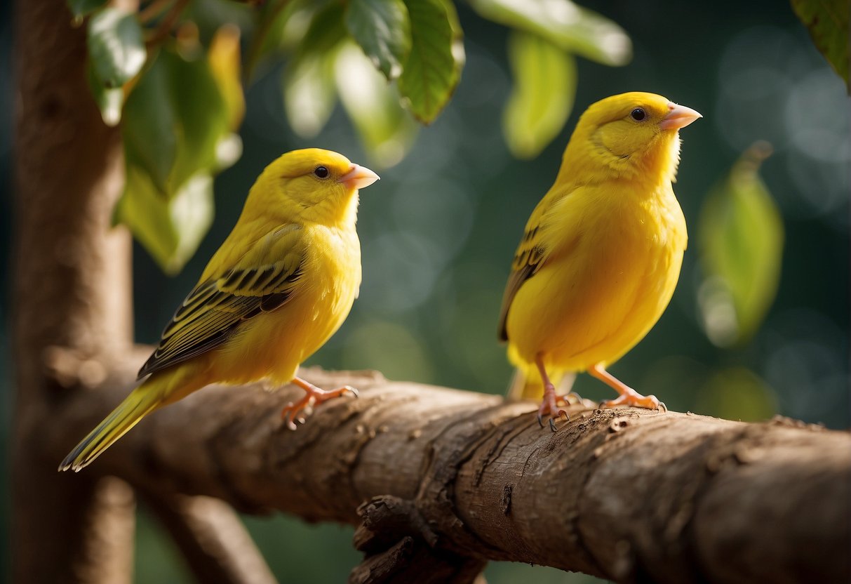 Canaries perched in a sunny, spacious aviary, surrounded by fresh food and water, singing joyfully
