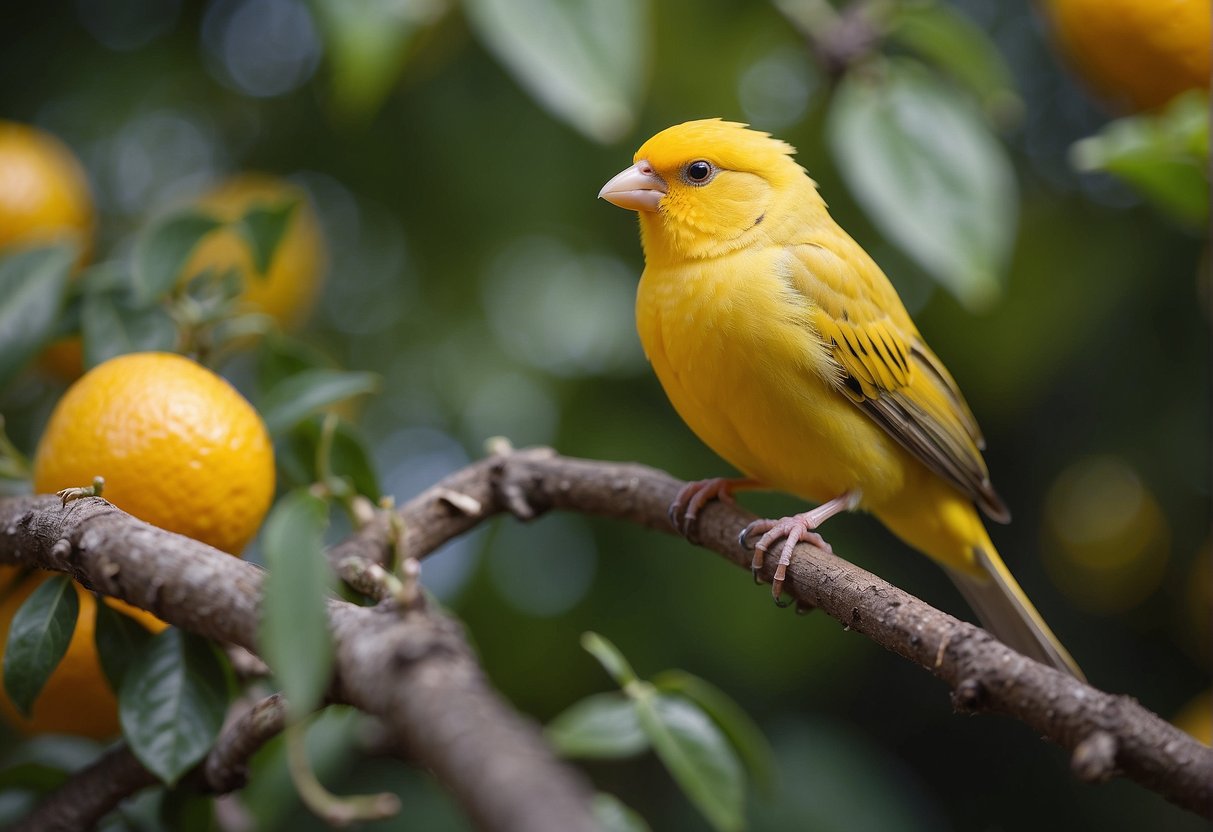 A canary perched on a branch, surrounded by a variety of colorful fruits and seeds