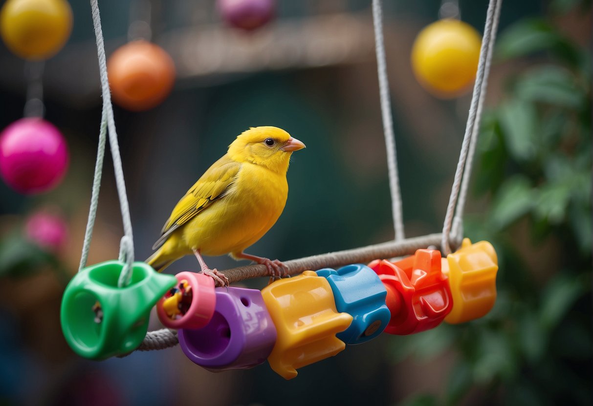 A canary perched on a swing, surrounded by colorful toys and a variety of bird food and treats