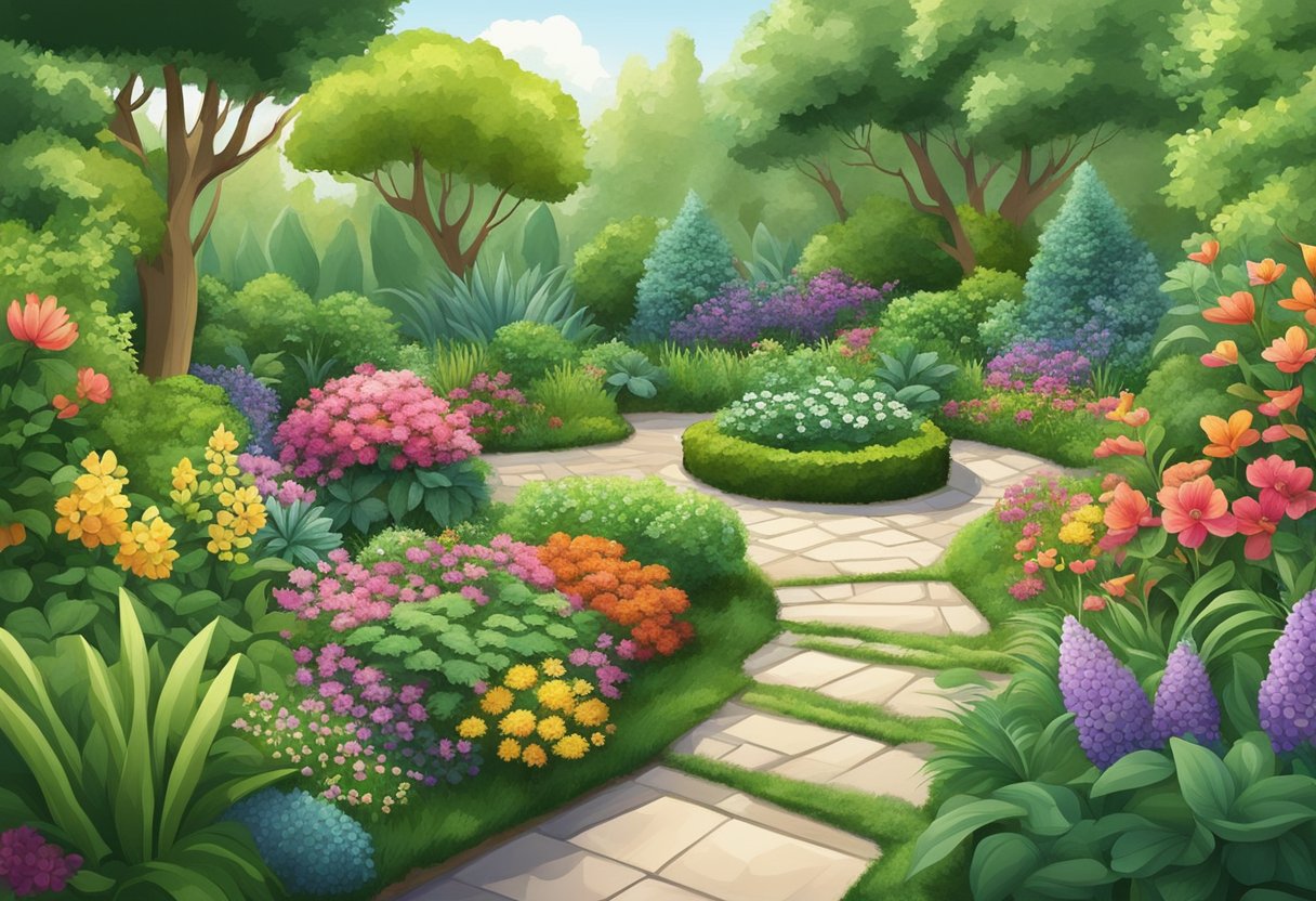 Plantas verdes exuberantes dispostas em um jardim harmonioso, com flores coloridas desabrochando e uma variedade de texturas e formas criando uma paisagem visualmente atraente